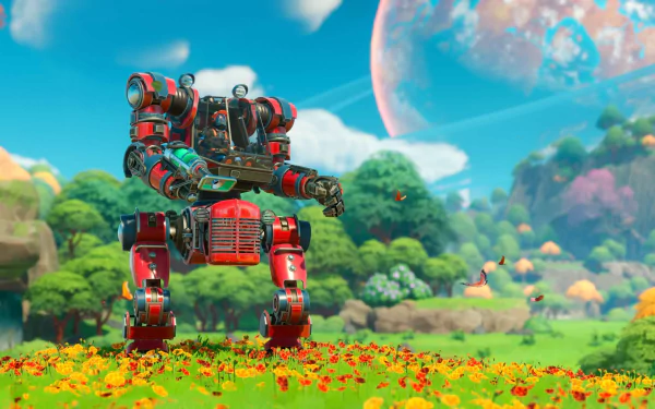 HD desktop wallpaper of Lightyear Frontier video game featuring a red mech exploring a vibrant alien planet with lush greenery and a large moon in the background.