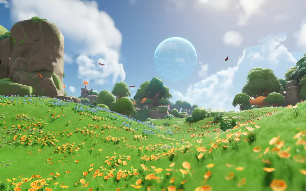 HD wallpaper of Lightyear Frontier game showcasing a vibrant in-game landscape with lush greenery and a futuristic planet in the background.