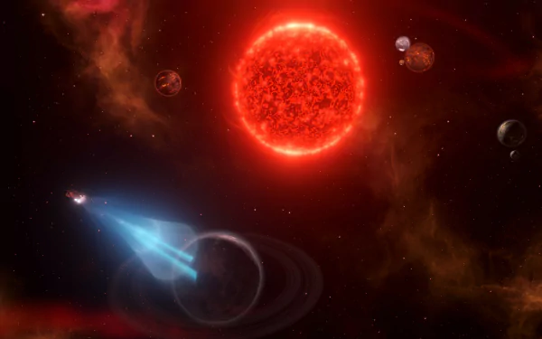 HD Stellaris video game wallpaper featuring a spaceship near a ringed planet with a red sun and multiple planets in the backdrop.