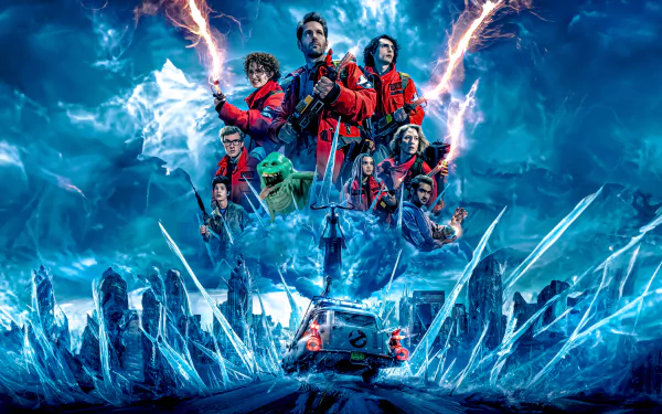 HD wallpaper of Ghostbusters: Frozen Empire featuring characters ready for action amidst icy blue crystals and dynamic lightning effects.