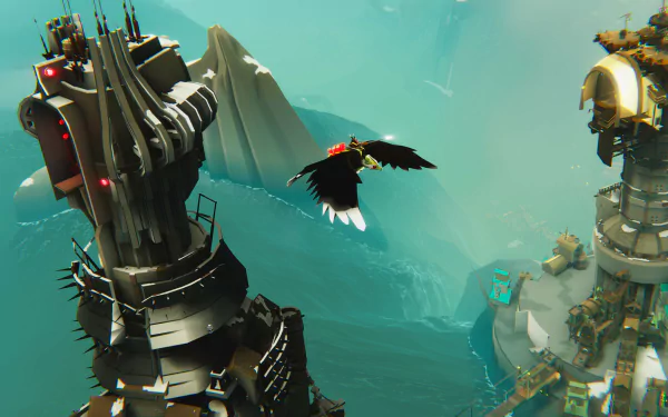 HD wallpaper of Bulwark: Falconeer Chronicles video game featuring a majestic bird flying near futuristic sea forts under a hazy sky.