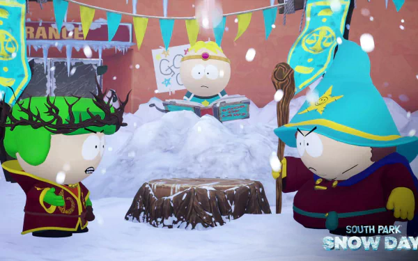 HD desktop wallpaper featuring characters from South Park: Snow Day! video game, depicting a festive snowy scene with South Park characters in costume.