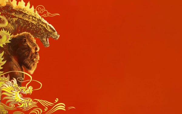 HD wallpaper featuring artistic representations of Godzilla and Kong in a dynamic pose against a red backdrop, inspired by the movie 'Godzilla x Kong: The New Empire'.