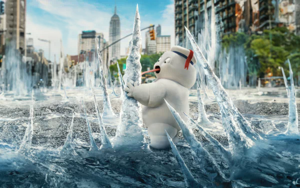 HD desktop wallpaper featuring a scene from Ghostbusters: Frozen Empire with a character amidst dynamic water effects on a city street.