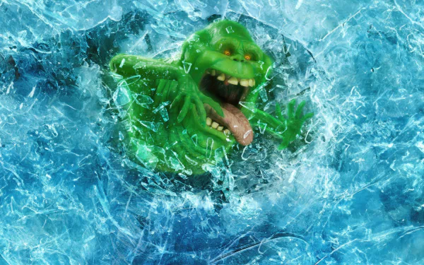 HD wallpaper for Ghostbusters: Frozen Empire featuring a green ghost emerging from icy blue waters.