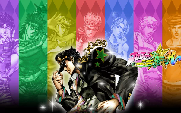 HD desktop wallpaper featuring Jotaro Kujo from Jojo's Bizarre Adventure with a colorful, diamond-patterned background representing various characters from the series.