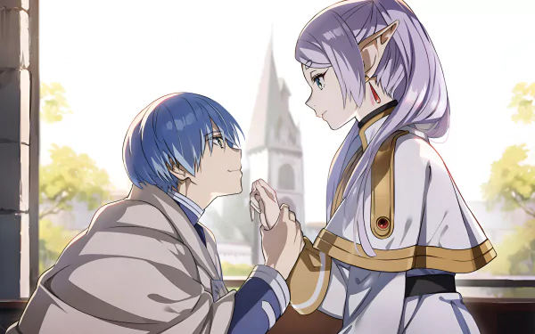 Anime-style HD PC desktop wallpaper featuring Himmel and Frieren from Frieren: Beyond Journey's End in a serene, light-filled setting with a church in the background.