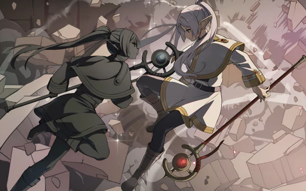 Anime-style HD desktop wallpaper featuring characters from Frieren: Beyond Journey's End in a dynamic battle scene with detailed backgrounds and intense action.