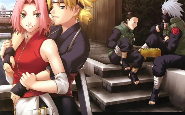 HD desktop wallpaper featuring characters from the anime Naruto: Sakura Haruno and Temari in the foreground, with Shikamaru Nara and Kakashi Hatake in the background, enjoying a casual moment.