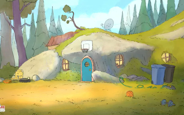 HD desktop wallpaper featuring the We Bare Bears cartoon with their characteristic cave home surrounded by nature.
