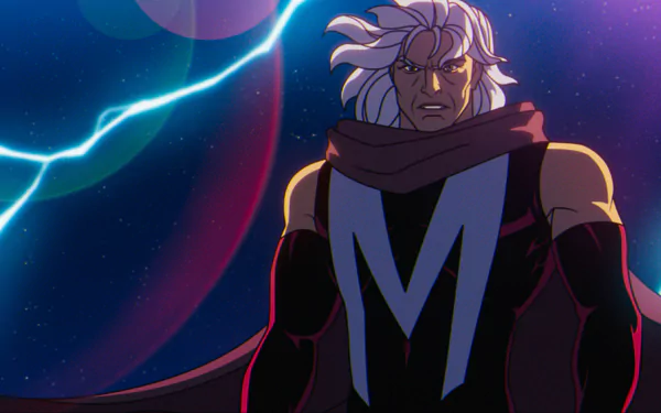 Magneto from X-Men '97 animated series, portrayed in HD desktop wallpaper with vibrant cosmic background.