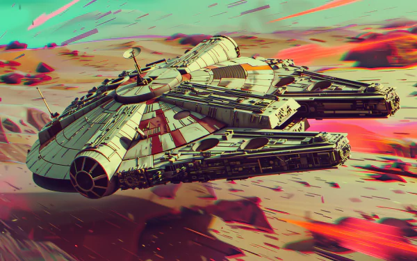 HD Star Wars Millennium Falcon desktop wallpaper featuring the iconic spacecraft in a dynamic flight pose with a vibrant, stylized background.
