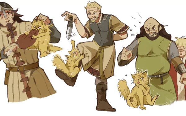 HD wallpaper featuring characters Askeladd and Bjorn from the anime Vinland Saga, illustrated in playful poses with cats.