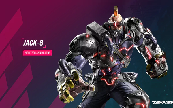 HD desktop wallpaper featuring Jack-8 from Tekken 8, posed as a high-tech fighter against a vibrant purple and pink background.