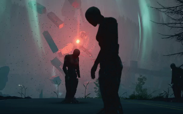 HD wallpaper of Pacific Drive video game featuring silhouettes and atmospheric lights in a mysterious setting.