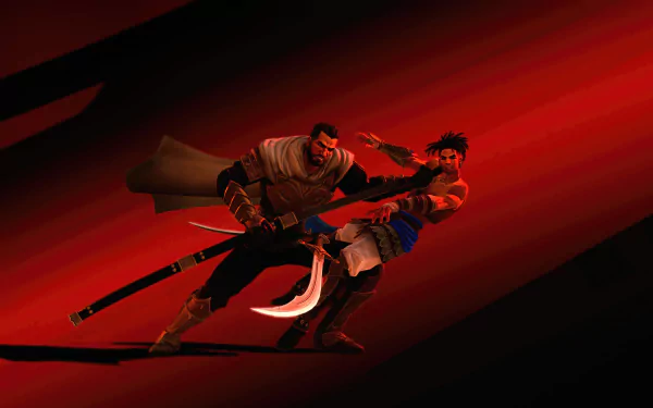 HD wallpaper of a dynamic duel between characters from Prince of Persia: The Lost Crown video game, set against a striking red backdrop.