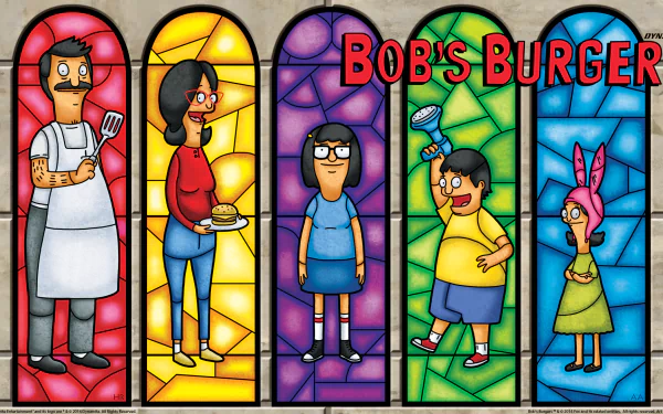 HD wallpaper featuring Bob's Burgers characters Bob, Linda, Tina, Gene, and Louise Belcher depicted in a colorful stained-glass style.