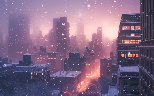 HD wallpaper of a snowy cityscape at twilight with snowflakes falling, illuminating buildings, and city lights glowing warmly.