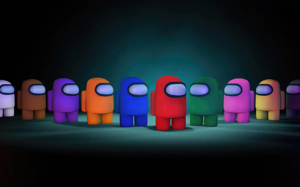HD desktop wallpaper featuring colorful characters from the video game Among Us arrayed in a dark background.