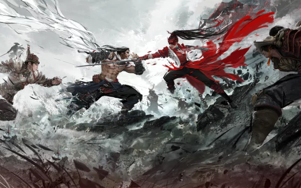 HD Wallpaper of Naraka: Bladepoint video game depicting a dynamic battle scene with characters engaging in combat amidst a snowy backdrop.