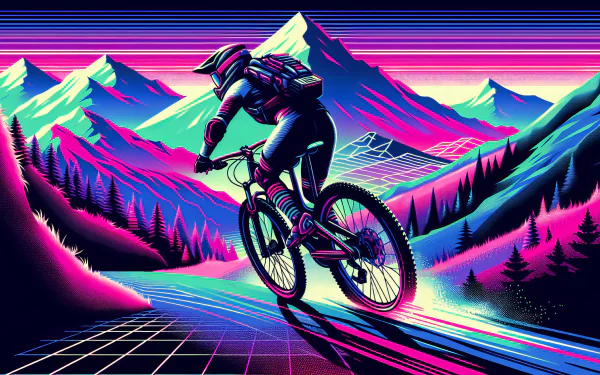Vibrant HD desktop wallpaper featuring mountain biking, showcasing a cyclist on a trail against a retro-futuristic mountainous backdrop.