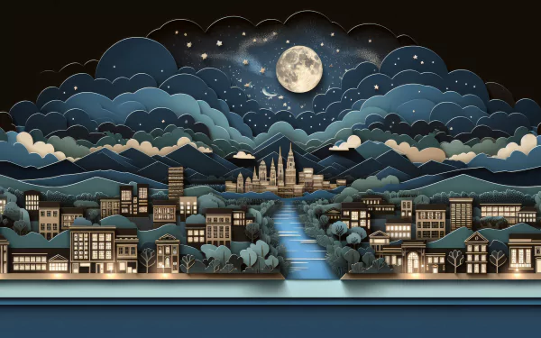 HD wallpaper of a stylized artistic night view featuring a full moon over clouds, mountains, and a serene town with a reflective river.
