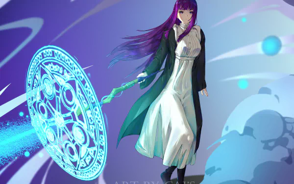Anime wallpaper: Fern from Frieren: Beyond Journey's End, purple-haired mage in a flowing robe summons a glowing blue magic sigil — 5K Ultra HD PC desktop background.