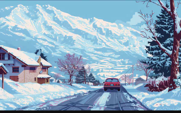 HD desktop wallpaper featuring a snowy road with a car, surrounded by winter scenery and mountains.