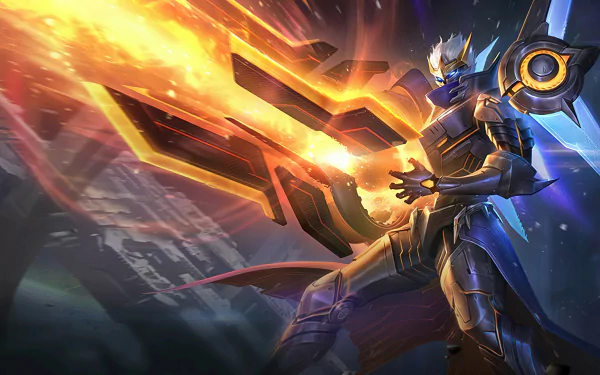 HD wallpaper featuring Granger from Mobile Legends: Bang Bang, showcasing his powerful weapon and dynamic, vibrant background.