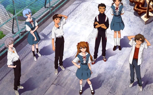 A high-definition wallpaper featuring characters from Neon Genesis Evangelion, including Hikari Horaki, Rei Ayanami, Asuka Langley Sohryu, Kaworu Nagisa, and Shinji Ikari.