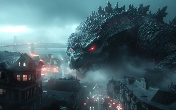 HD wallpaper of Godzilla in a post-apocalyptic city setting for desktop background.