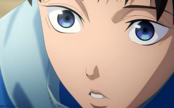 Close-up of a character with striking blue eyes, from the anime YATAGARASU: The Raven, serving as an engaging HD desktop wallpaper and background.