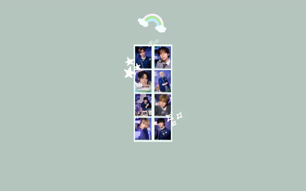 I don't know who they are. Alt: Minimal muted-green HD PC desktop wallpaper with a vertical filmstrip collage of blue-clad K-pop group photos and small decorative stars.