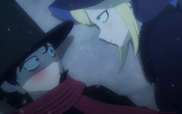 HD wallpaper featuring Alice Lendrott and Duke from The Duke of Death and His Maid anime, depicting a close-up of their emotional encounter with a starry night backdrop.
