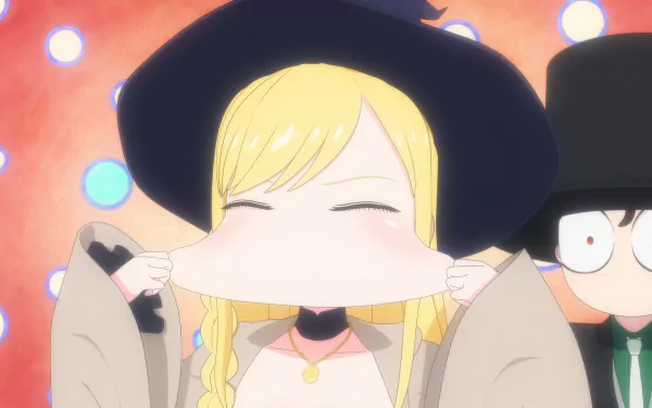 HD anime wallpaper featuring Alice Lendrott with a playful smile pulling her hat brim in front of a Duke character from The Duke of Death and His Maid with soft, glowing lights in the background.