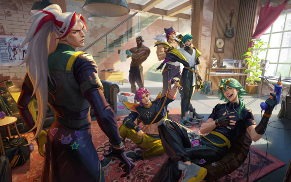 HD wallpaper featuring Yone, Ezreal, and Kayn from League of Legends enjoying downtime in Heartsteel themed attire.