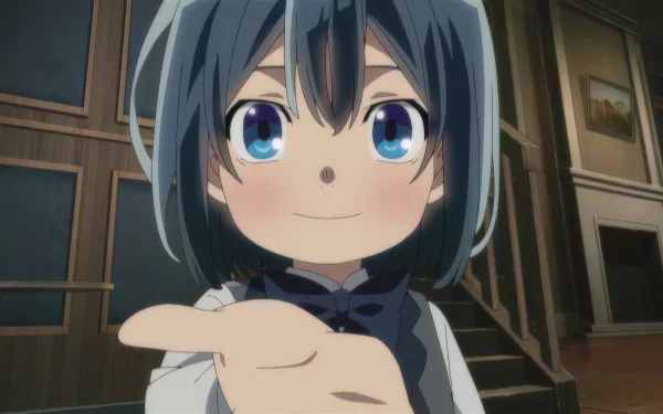 HD anime wallpaper featuring a character from 'As a Reincarnated Aristocrat I’ll Use My Appraisal Skill' with bright blue eyes, smiling in a grand room.