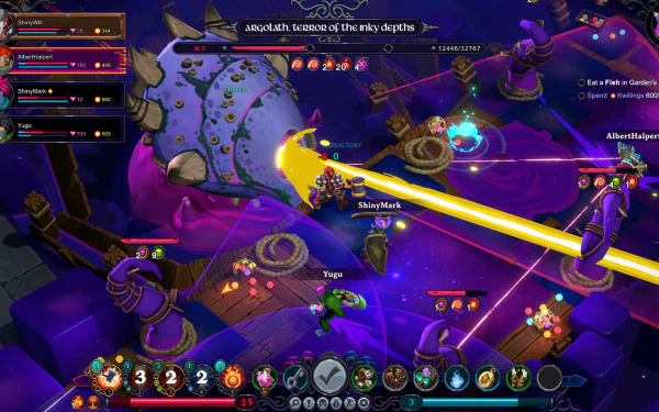 HD wallpaper featuring dynamic gameplay from the video game Inkbound, showcasing colorful characters in battle on a vividly purple-themed map.