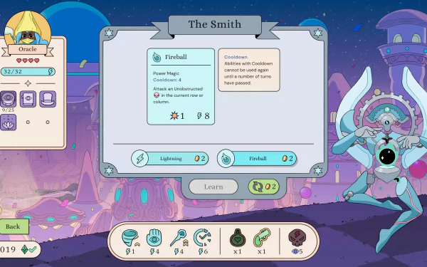 HD desktop wallpaper for the video game Let's! Revolution! showcasing a user interface with magical abilities and a whimsical character set against a fantasy backdrop.