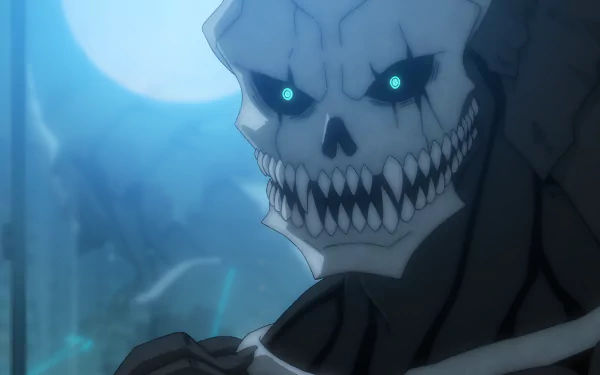 4K Ultra HD anime wallpaper featuring Kafka Hibino from Kaiju No. 8 with glowing blue eyes and a menacing skeletal mask under a full moon.
