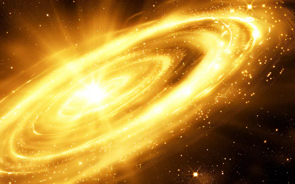 HD desktop wallpaper of a stylized golden spiral galaxy with bright stars and cosmic swirls against a dark background, evoking a sense of sci-fi wonder.