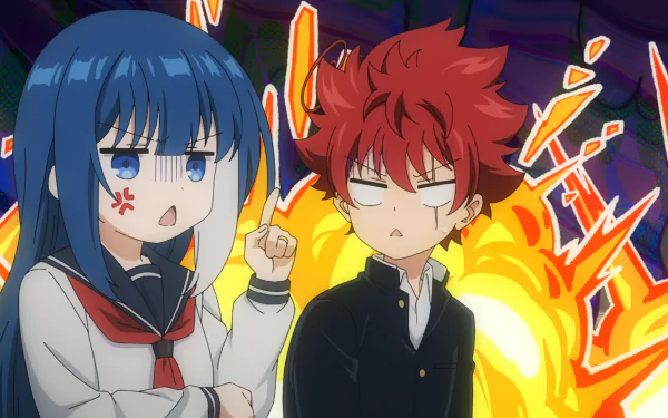 HD anime wallpaper featuring Mutsumi Yozakura and Taiyo Asano from Mission: Yozakura Family with vibrant expressions and a fiery background.