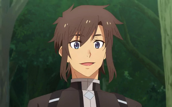 HD desktop wallpaper of a smiling male anime character from Chillin' in Another World with Level 2 Super Cheat Powers with a backdrop of a green forest.