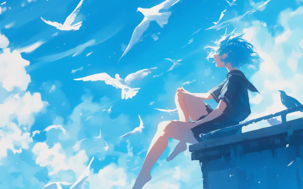 Anime girl birdwatching on a sunny day, with seagulls flying in the blue sky, as a captivating HD desktop wallpaper.