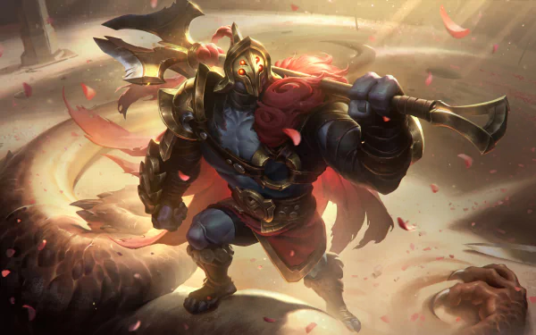 HD desktop wallpaper featuring Jax from League of Legends, brandishing his weapon in a dynamic battle pose with a glowing effect and petals swirling around him.