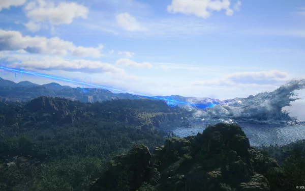 HD desktop wallpaper from Final Fantasy XVI featuring a stunning landscape with forests, mountains, and a mystical blue light in the sky.