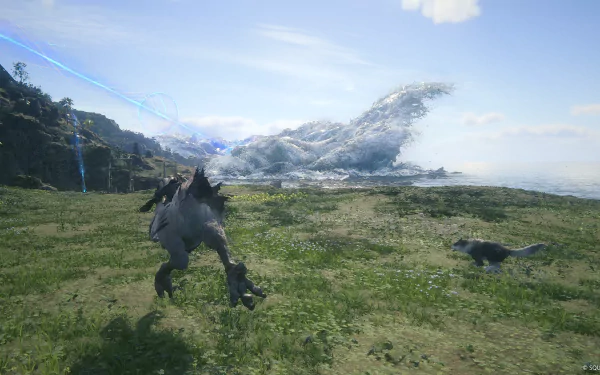 HD desktop wallpaper from Final Fantasy XVI showcasing a character riding a chocobo approaching a large, dynamic water-elemental creature on a vibrant, grassy coastal landscape.