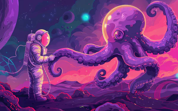 HD desktop wallpaper of a sci-fi scene featuring an astronaut encountering a large octopus on an otherworldly purple landscape, with a stylized planet and stars in the background.