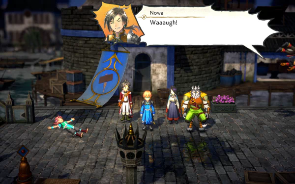 HD desktop wallpaper featuring a scene from the video game Eiyuden Chronicle: Hundred Heroes, showing animated characters in a medieval town setting with a dialogue box displaying the character Nova exclaiming Waaugh!