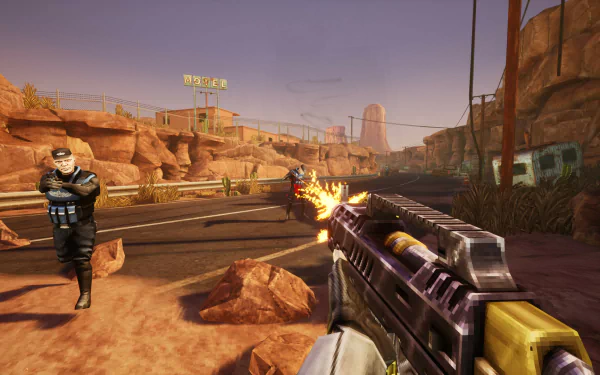 HD desktop wallpaper from the video game Phantom Fury, featuring a first-person view of a weapon being fired at an enemy in a desert road setting.